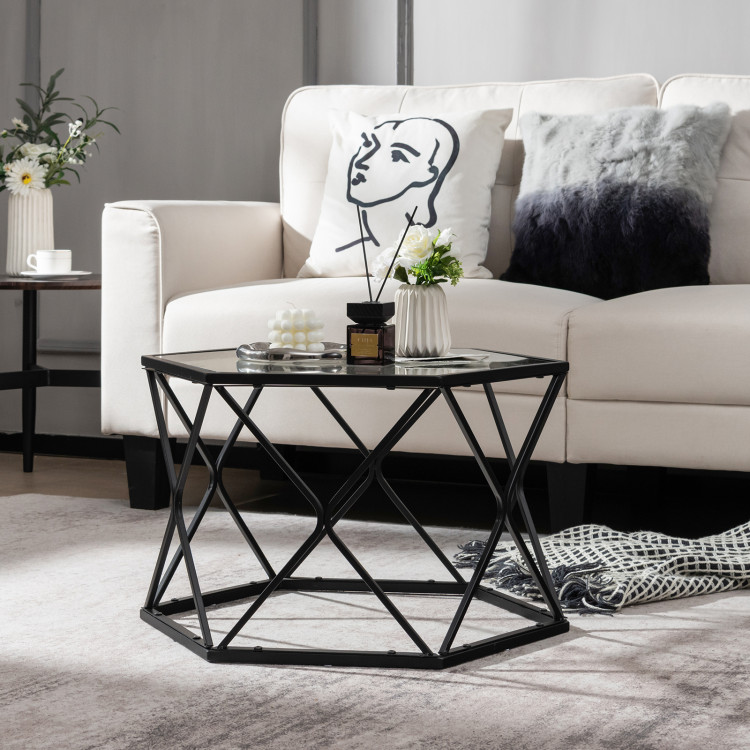 Modern Accent Geometric Glass Coffee Table-BlackCostway Gallery View 6 of 9