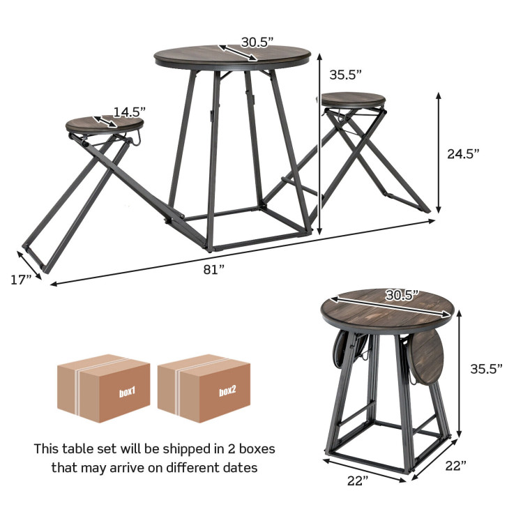 3 Pieces Dining Table Set with 2 Foldable Stools for Small Space-GrayCostway Gallery View 4 of 10