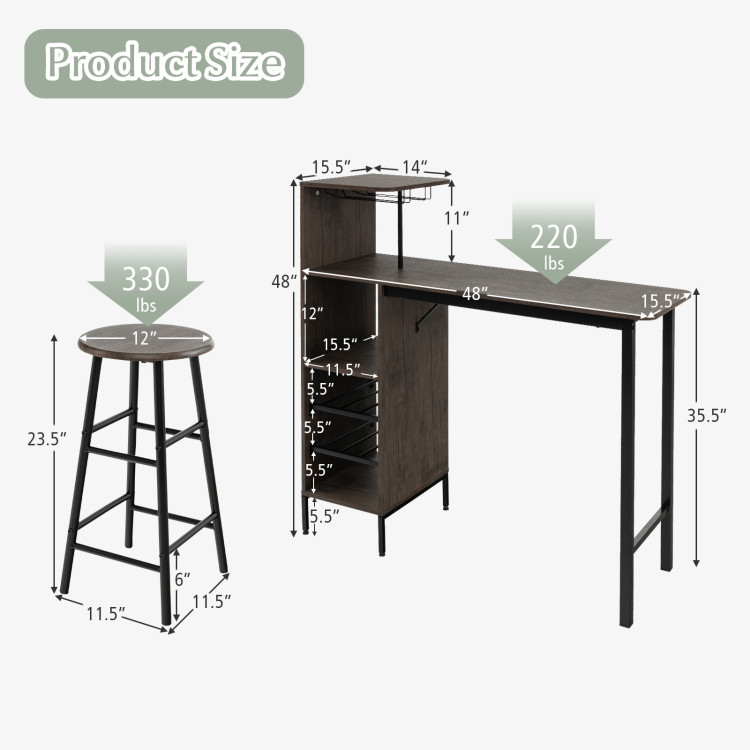 3 Piece Bar Table and Chairs Set with 6-Bottle Wine Rack-BrownCostway Gallery View 4 of 10