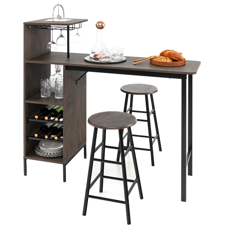3 Piece Bar Table and Chairs Set with 6-Bottle Wine Rack-BrownCostway Gallery View 1 of 10