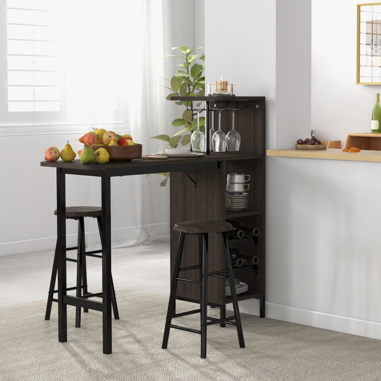 3 Piece Bar Table and Chairs Set with 6-Bottle Wine Rack-BrownCostway Gallery View 6 of 10