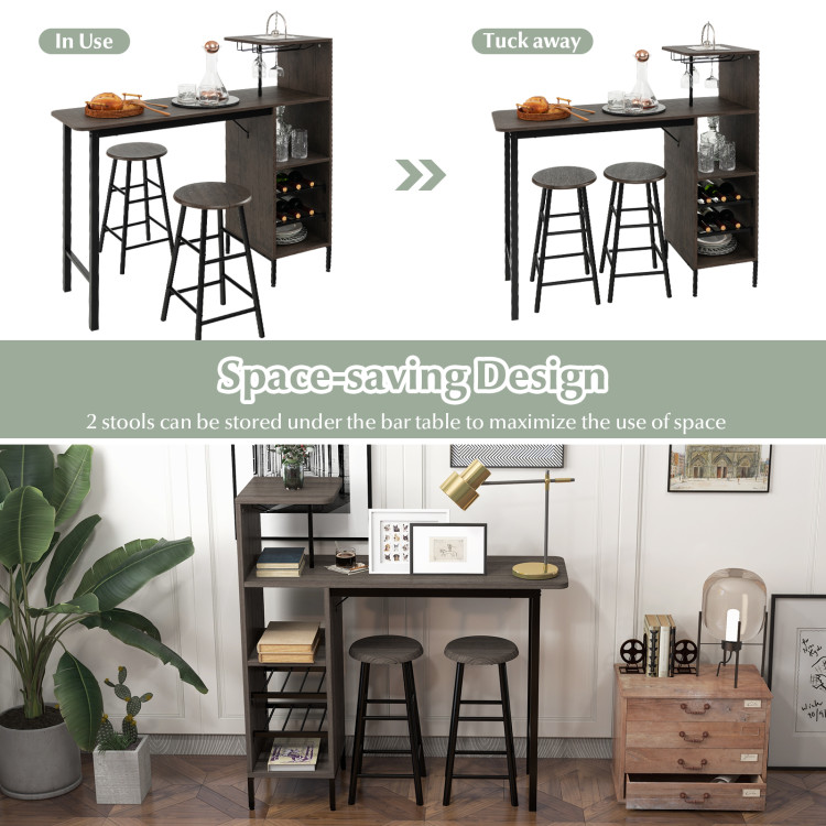 3 Piece Bar Table and Chairs Set with 6-Bottle Wine Rack-BrownCostway Gallery View 5 of 10