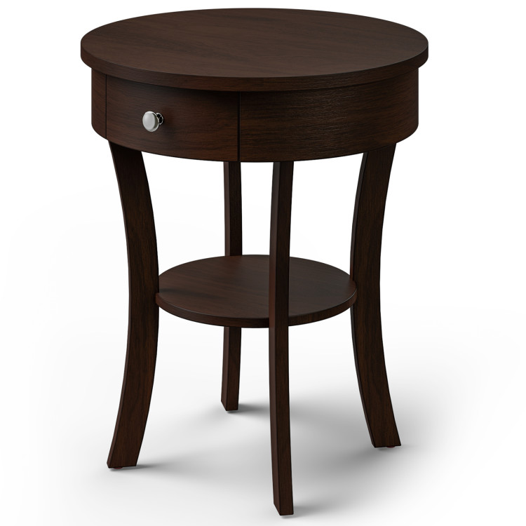 2-Tier Wood Round End Table with Open Drawer-BrownCostway Gallery View 3 of 10
