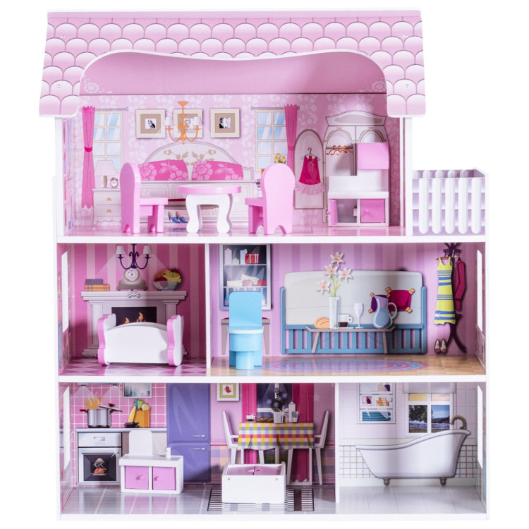 28 Inch Pink Dollhouse with FurnitureCostway Gallery View 4 of 8