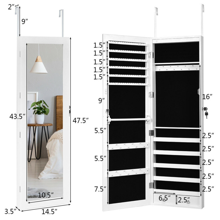 Wall Mounted Lockable Mirror Jewelry Cabinet with LED LightCostway Gallery View 9 of 14