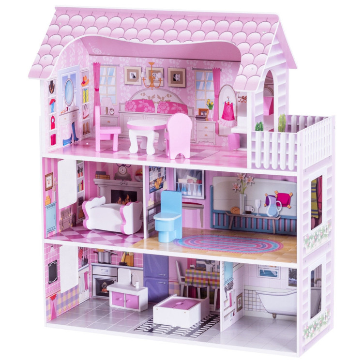 28 Inch Pink Dollhouse with FurnitureCostway Gallery View 3 of 8