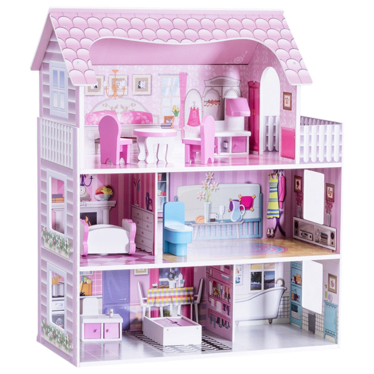 28 Inch Pink Dollhouse with FurnitureCostway Gallery View 1 of 8