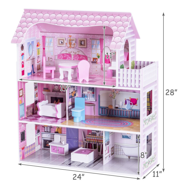 28 Inch Pink Dollhouse with FurnitureCostway Gallery View 5 of 8