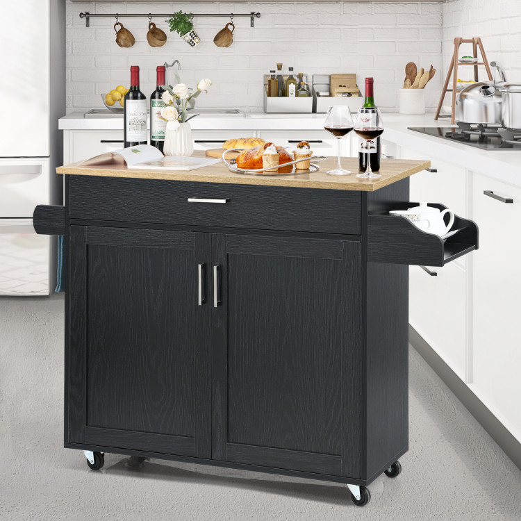 Rolling Kitchen Island Cart with Towel and Spice Rack-BlackCostway Gallery View 6 of 10