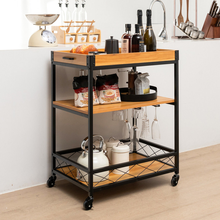 3 Tiers Industrial Bar Serving Cart with Utility Shelf and Handle Racks-NaturalCostway Gallery View 1 of 9