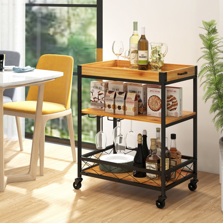 3 Tiers Industrial Bar Serving Cart with Utility Shelf and Handle Racks-NaturalCostway Gallery View 2 of 9