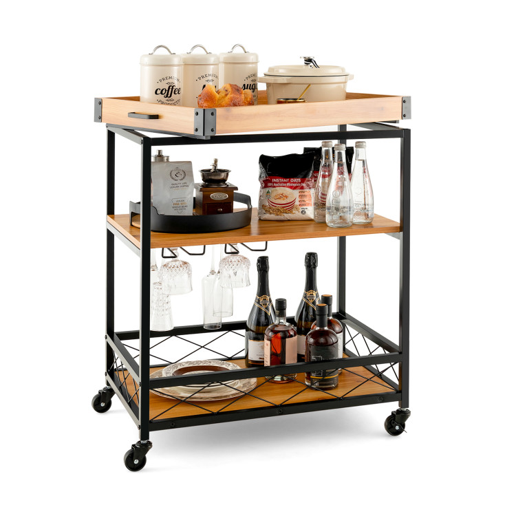 3 Tiers Industrial Bar Serving Cart with Utility Shelf and Handle Racks-NaturalCostway Gallery View 3 of 9