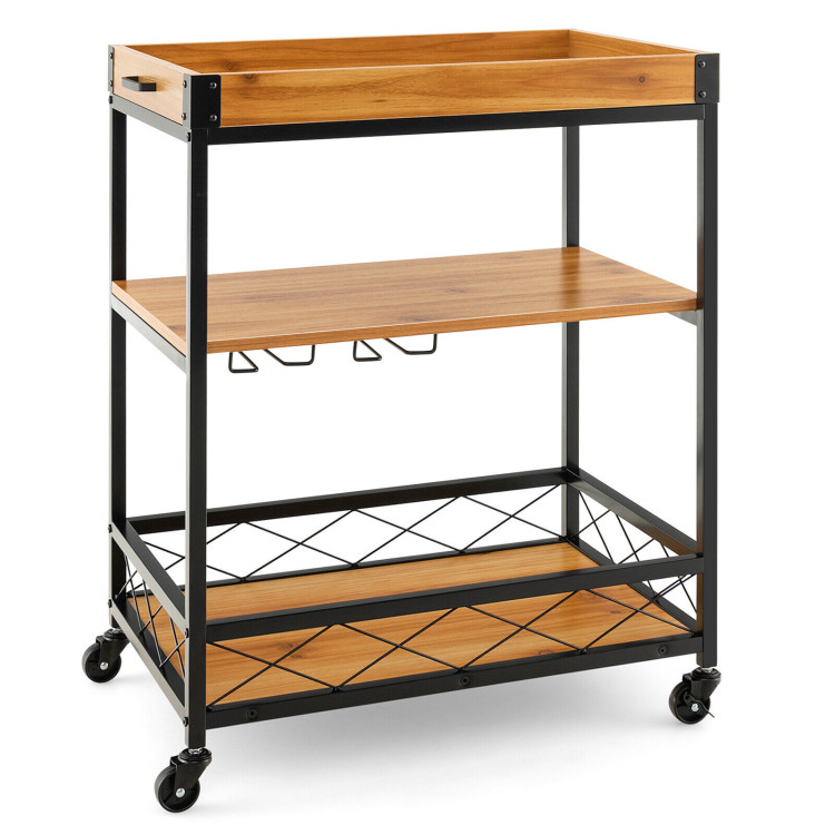 3 Tiers Industrial Bar Serving Cart with Utility Shelf and Handle Racks-NaturalCostway Gallery View 4 of 9