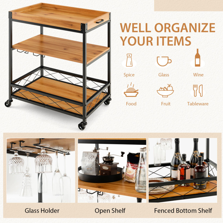 3 Tiers Industrial Bar Serving Cart with Utility Shelf and Handle Racks-NaturalCostway Gallery View 6 of 9