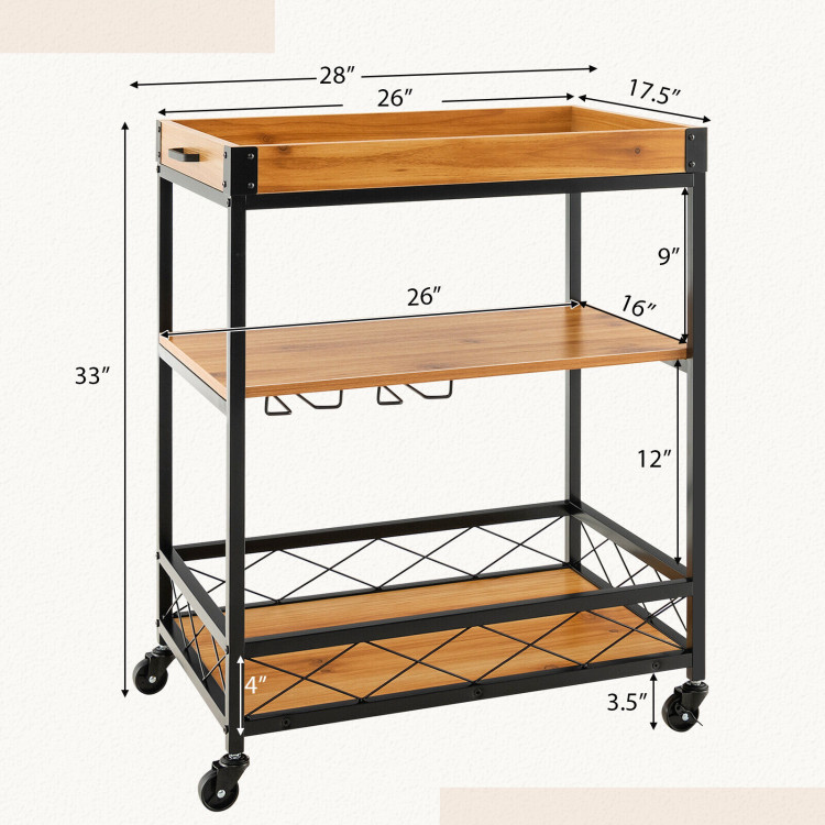 3 Tiers Industrial Bar Serving Cart with Utility Shelf and Handle Racks-NaturalCostway Gallery View 5 of 9