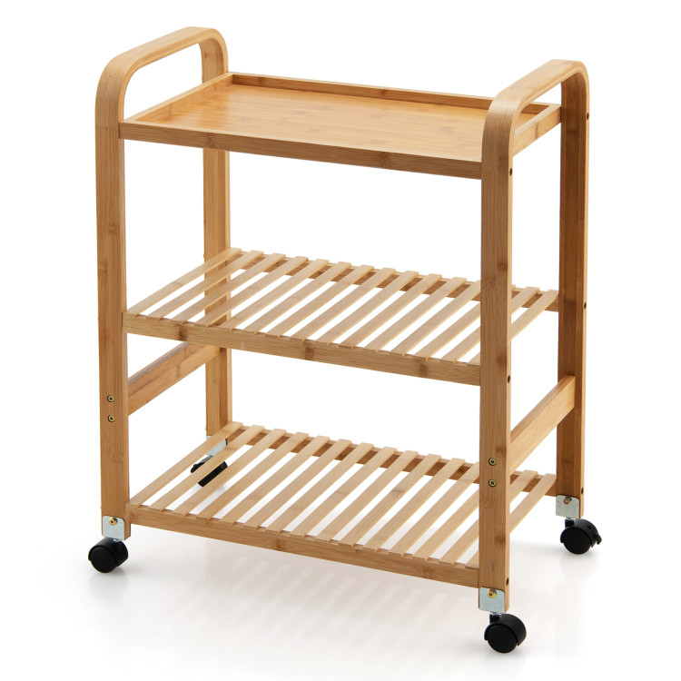Multifunctional Bamboo Kitchen  Rolling Cart with Locking Casters and Sided Handles-3-TierCostway Gallery View 1 of 10