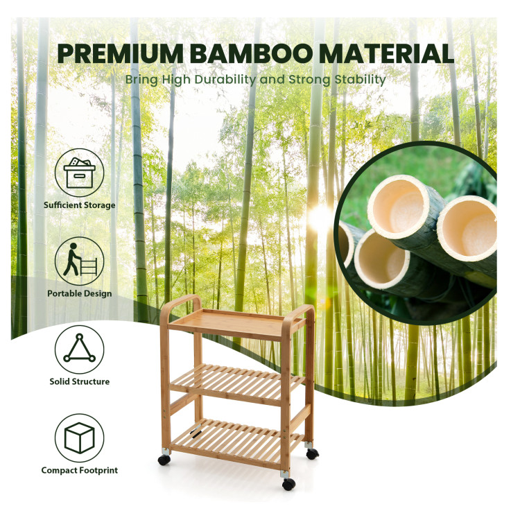 Multifunctional Bamboo Kitchen  Rolling Cart with Locking Casters and Sided Handles-3-TierCostway Gallery View 5 of 10