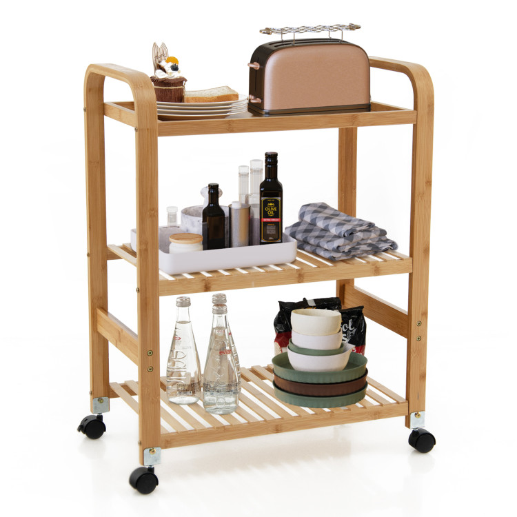 Multifunctional Bamboo Kitchen  Rolling Cart with Locking Casters and Sided Handles-3-TierCostway Gallery View 7 of 10