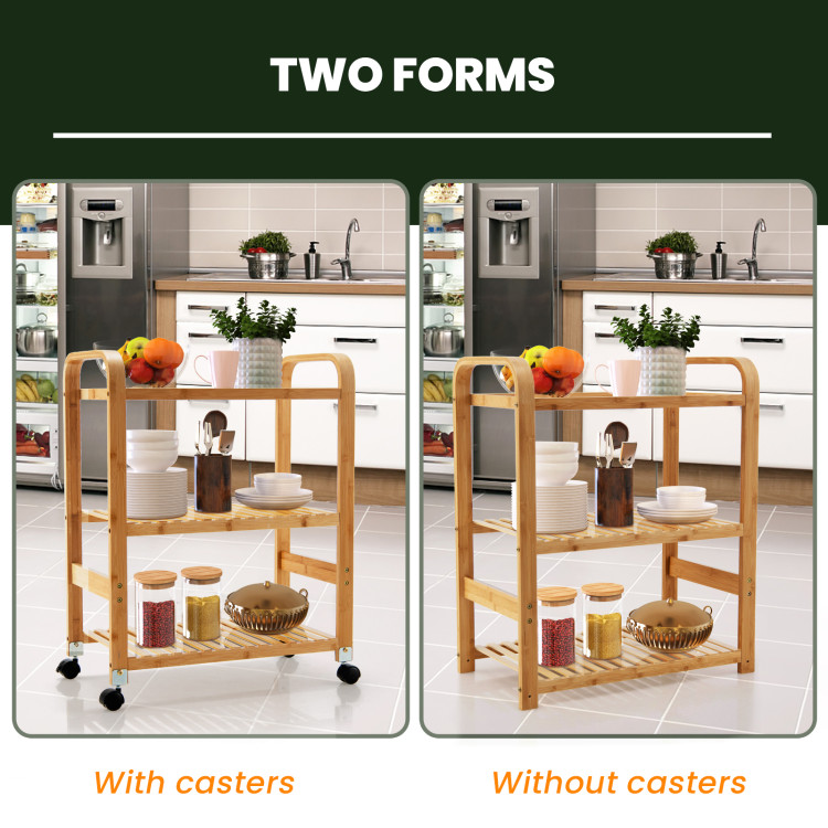 Multifunctional Bamboo Kitchen  Rolling Cart with Locking Casters and Sided Handles-3-TierCostway Gallery View 9 of 10
