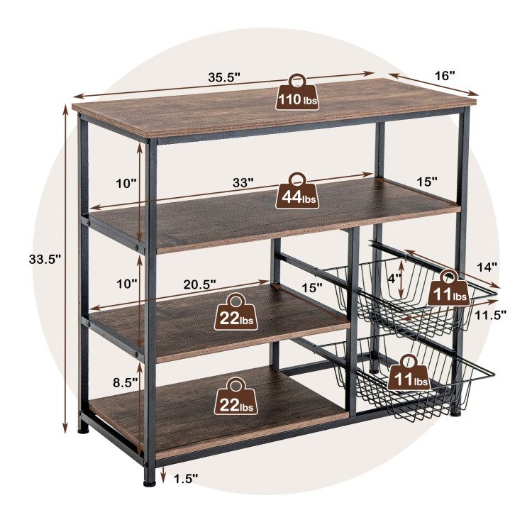 4-Tier Industrial Kitchen Baker's Rack with 2 Wire Baskets-Rustic BrownCostway Gallery View 4 of 10
