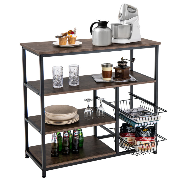 4-Tier Industrial Kitchen Baker's Rack with 2 Wire Baskets-Rustic BrownCostway Gallery View 7 of 10