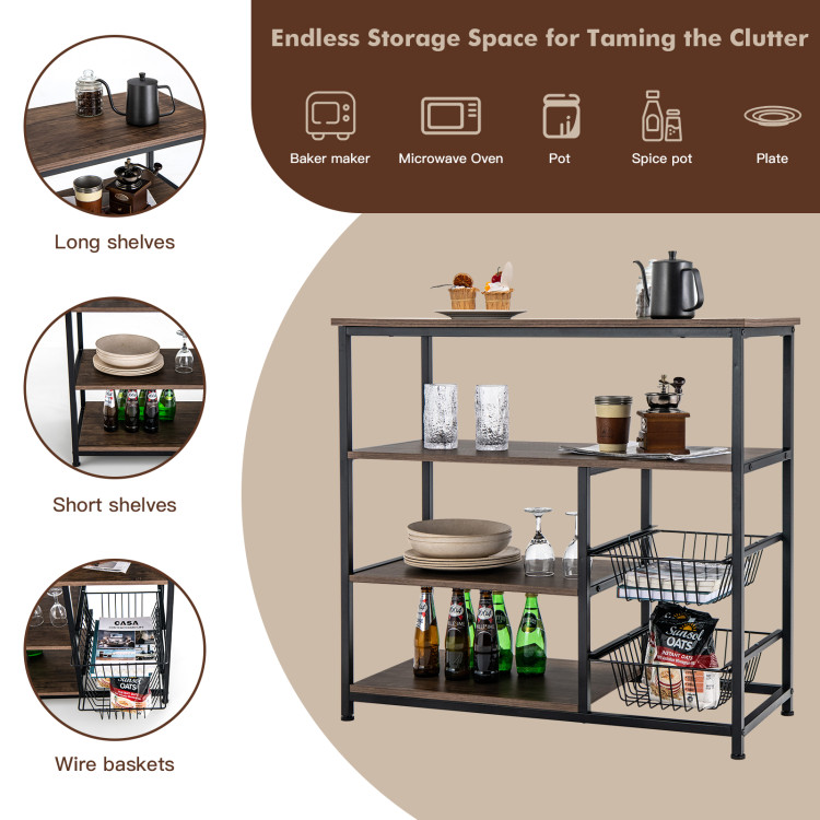 4-Tier Industrial Kitchen Baker's Rack with 2 Wire Baskets-Rustic BrownCostway Gallery View 9 of 10