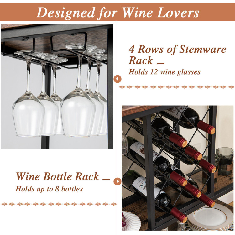 3-Tier Wine Bar Cabinet wit 8 Bottles Rack and 12 Glasses Hanger-Rustic BrownCostway Gallery View 10 of 10