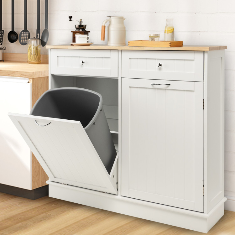 Rubber Wood Kitchen Trash Cabinet with Single Trash Can Holder and Adjustable Shelf-WhiteCostway Gallery View 2 of 10