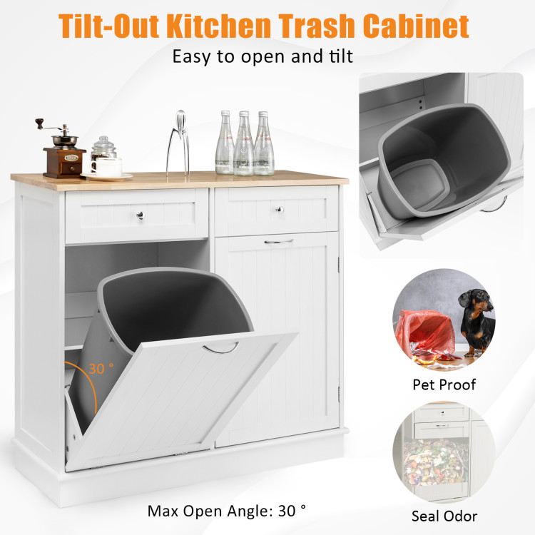 Rubber Wood Kitchen Trash Cabinet with Single Trash Can Holder and Adjustable Shelf-WhiteCostway Gallery View 3 of 10