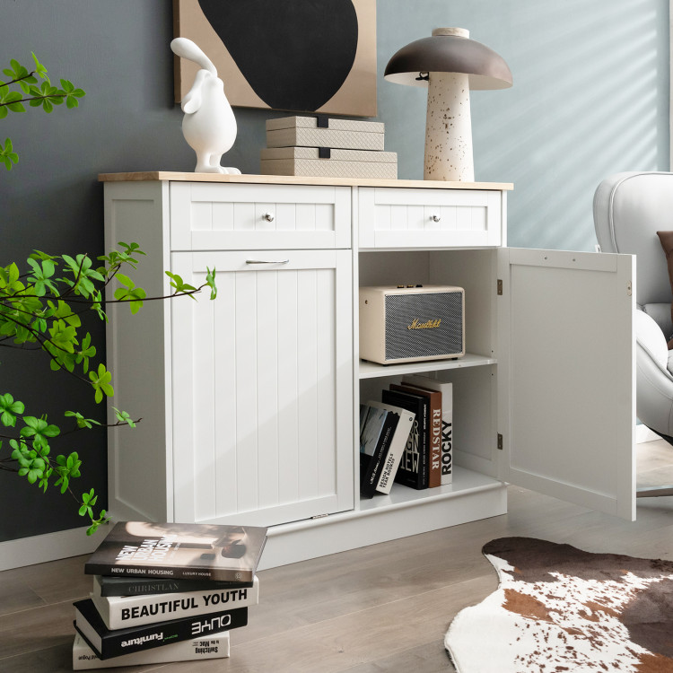 Rubber Wood Kitchen Trash Cabinet with Single Trash Can Holder and Adjustable Shelf-WhiteCostway Gallery View 6 of 10