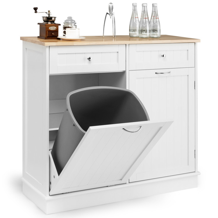 Rubber Wood Kitchen Trash Cabinet with Single Trash Can Holder and Adjustable Shelf-WhiteCostway Gallery View 7 of 10