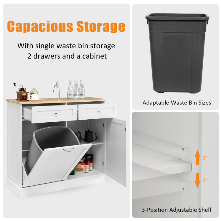 Rubber Wood Kitchen Trash Cabinet with Single Trash Can Holder and Adjustable Shelf-WhiteCostway Gallery View 9 of 10