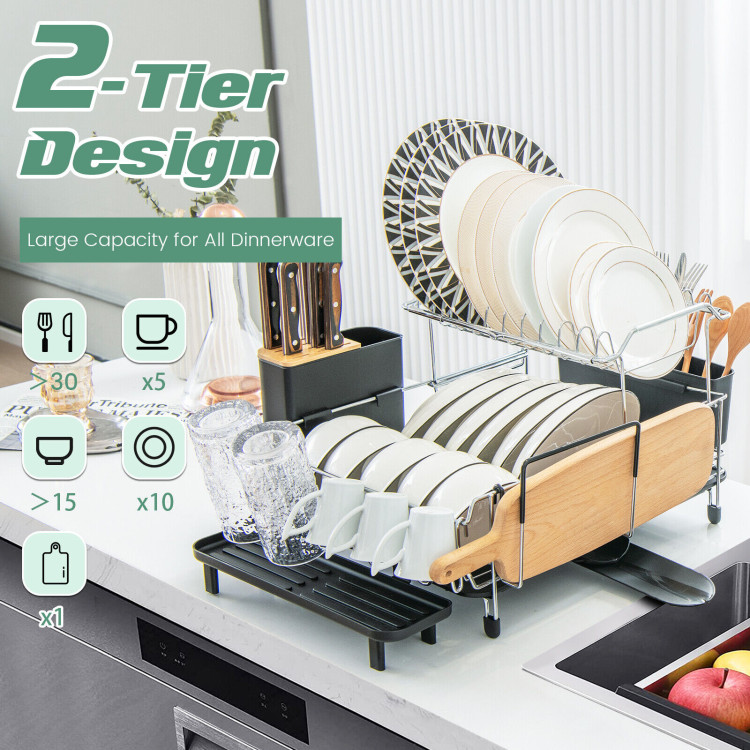 2-Tier Detachable Dish Rack with Drainboard and 360° Swivel Spout - Costway