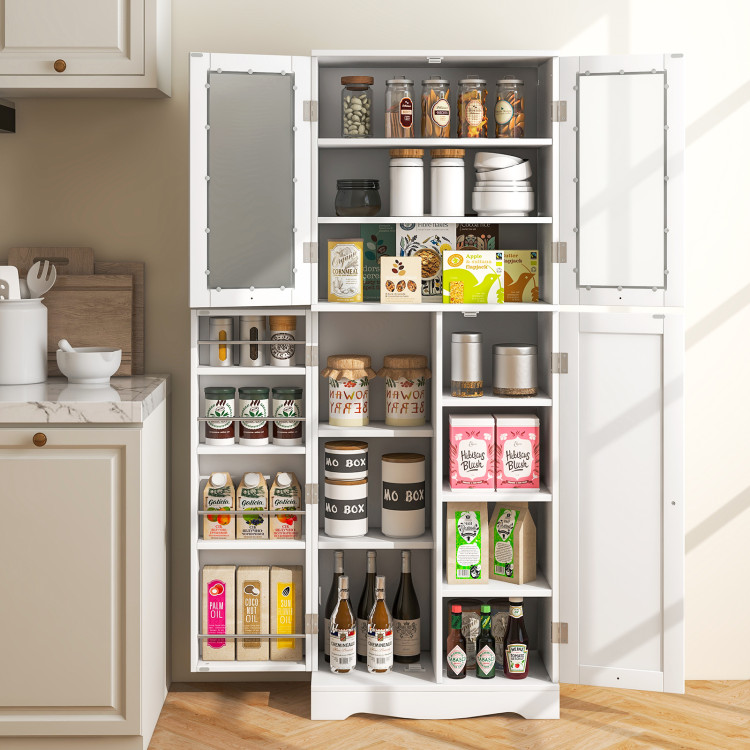 Tall Kitchen Pantry Cabinet with Dual Tempered Glass Doors and Shelves ...