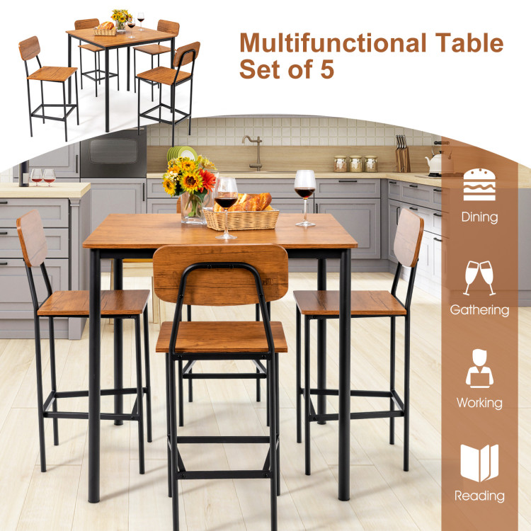 5-Piece Industrial Dining Table Set with Counter Height Table and 4 Bar Stools-WalnutCostway Gallery View 2 of 10