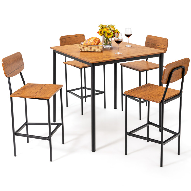 5-Piece Industrial Dining Table Set with Counter Height Table and 4 Bar Stools-WalnutCostway Gallery View 3 of 10