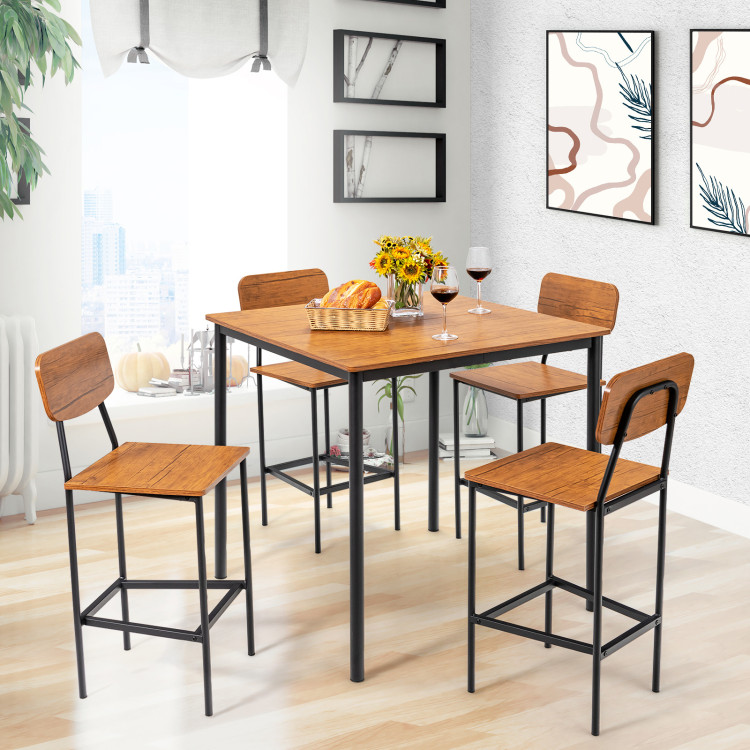 5-Piece Industrial Dining Table Set with Counter Height Table and 4 Bar Stools-WalnutCostway Gallery View 1 of 10