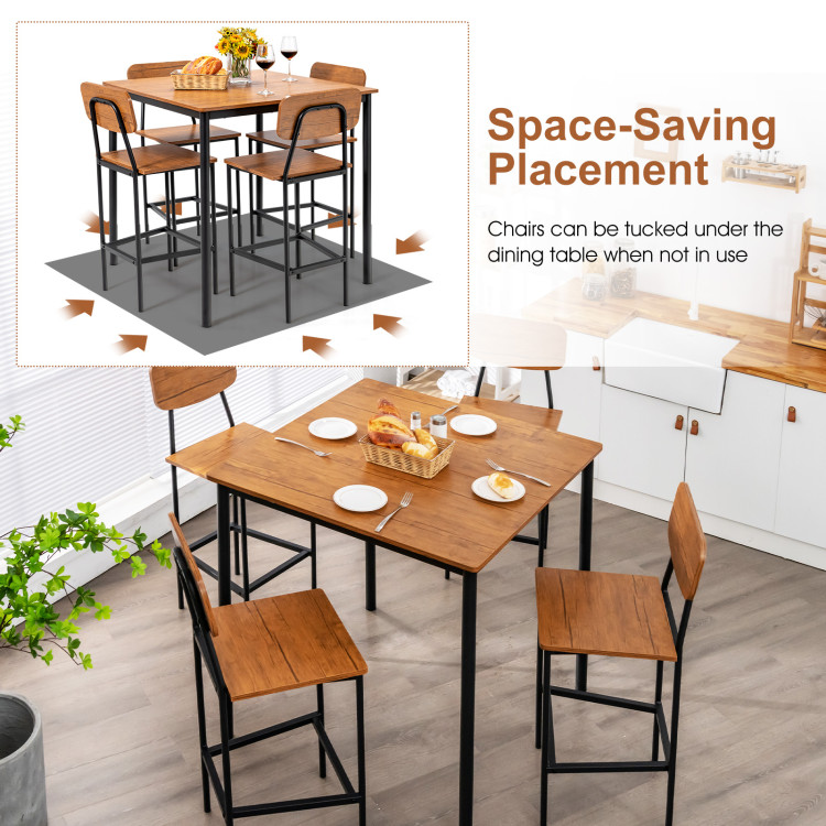 5-Piece Industrial Dining Table Set with Counter Height Table and 4 Bar Stools-WalnutCostway Gallery View 5 of 10