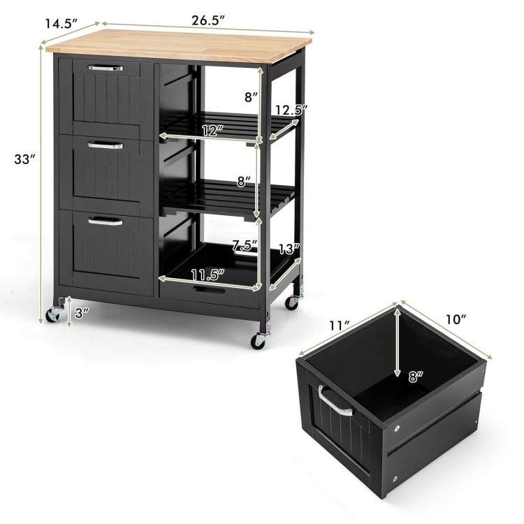 Rolling Kitchen Island Utility Storage Cart with 3 Large Drawers-BlackCostway Gallery View 4 of 10