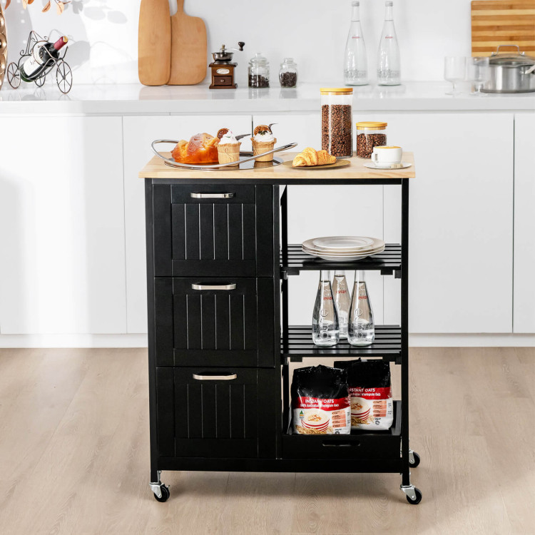 Rolling Kitchen Island Utility Storage Cart with 3 Large Drawers-BlackCostway Gallery View 2 of 10