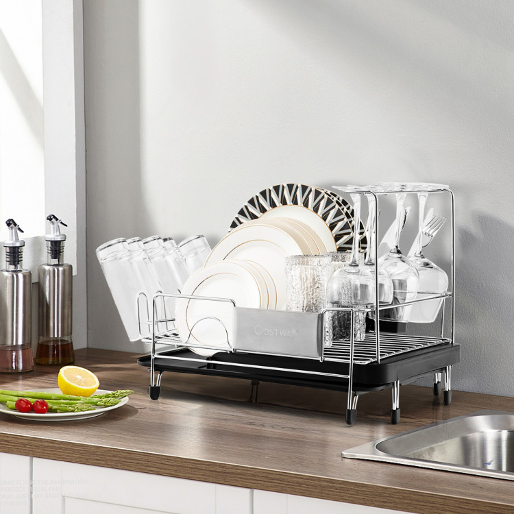 Stainless Steel Expandable Dish Rack with Drainboard and Swivel SpoutCostway Gallery View 2 of 11