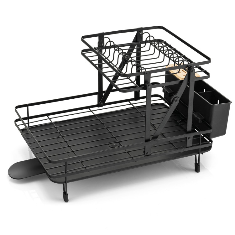 2 Tier Black Metal Foldable Dish Rack with Removable Drip Tray in 2023