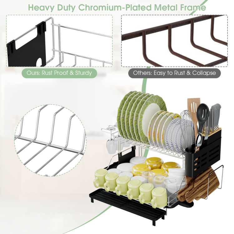 Costway Silver and Black Drying Dish Rack Detachable 2 Tier Dish