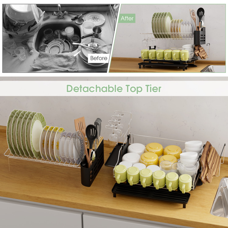 7 code Large Dish Drying Rack, 2-Tier Dish Racks for Kitchen Counter,  Detachable Large Capacity Dish Drainer Organizer with Utensil Holder, Dish