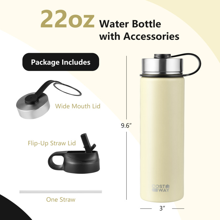 22 Oz Double-walled Insulated Stainless Steel Water Bottle with 2 Lids and Straw-BeigeCostway Gallery View 4 of 10
