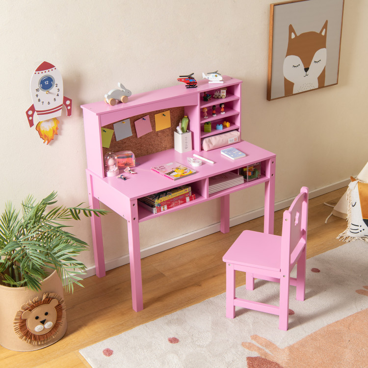 Wooden Kids Study Desk and Chair Set with Storage Cabinet and Bulletin Board-White | Costway