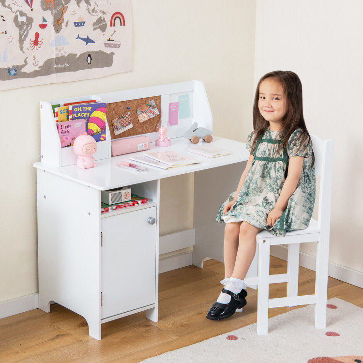 Wooden Kids Study Desk and Chair Set with Storage Cabinet and