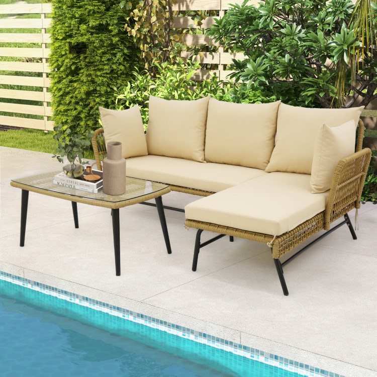 3 Pieces L Shaped Patio Sofa With Cushions And Tempered Glass Table Costway