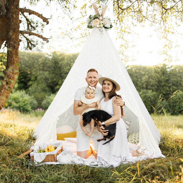 Lace Teepee Tent with Colorful Light Strings for ChildrenCostway Gallery View 10 of 11