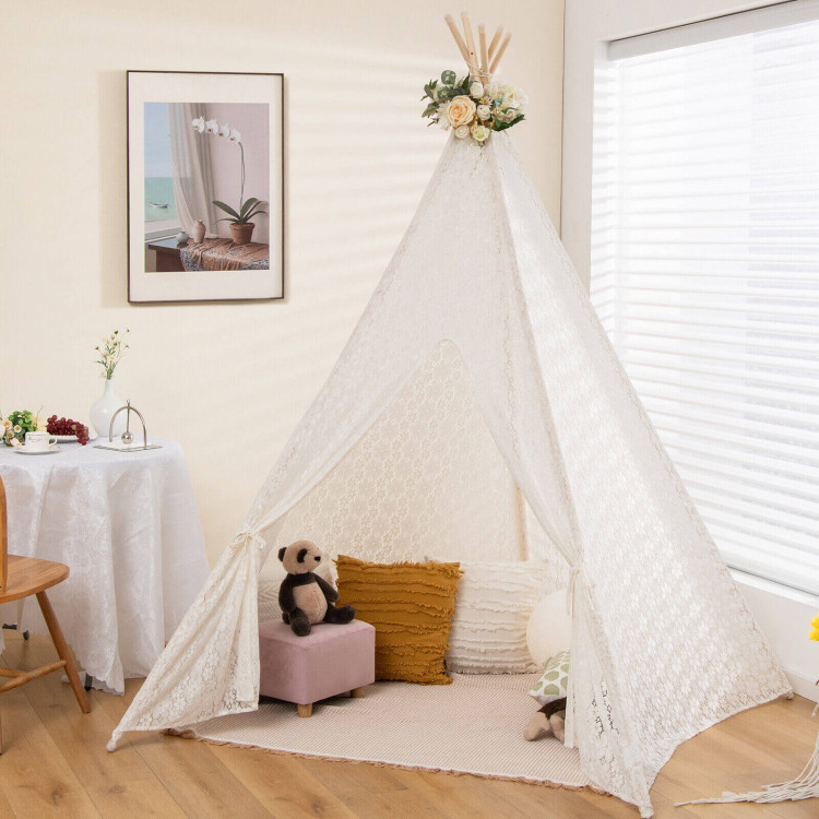 Lace Teepee Tent with Colorful Light Strings for ChildrenCostway Gallery View 7 of 11